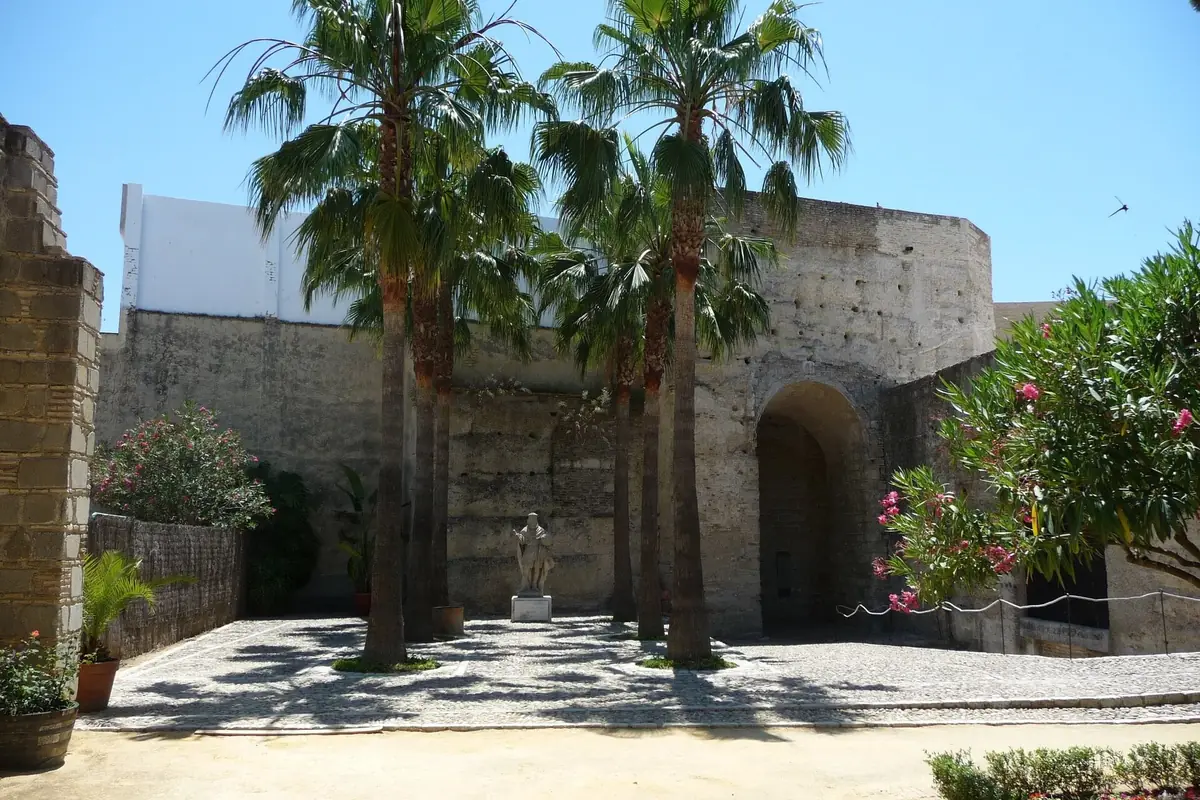 Tall palm trees in a sunlit courtyard before a massive stone wall and arched gateway at the Alcázar of Jerez